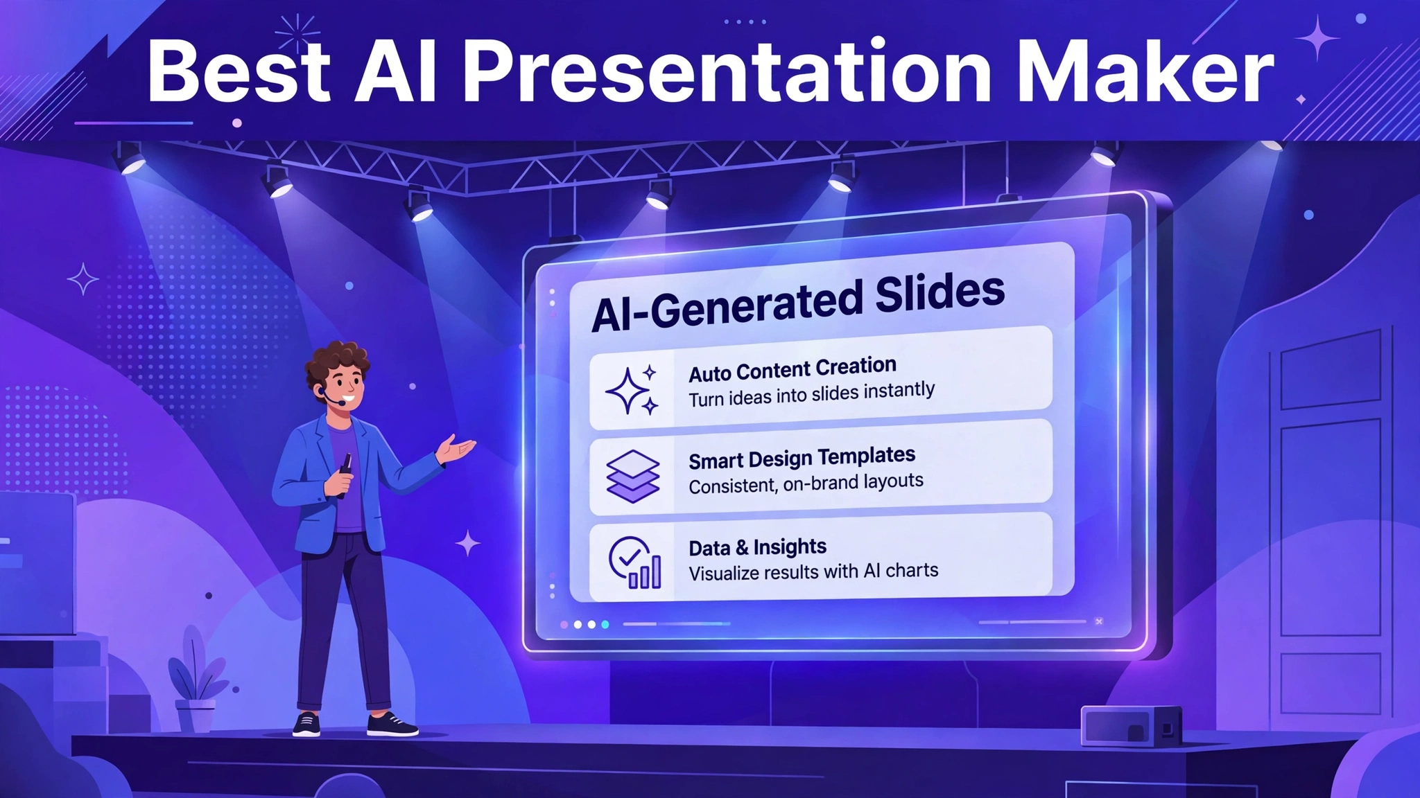 Best AI presentation maker — presenter with AI-generated slides on stage