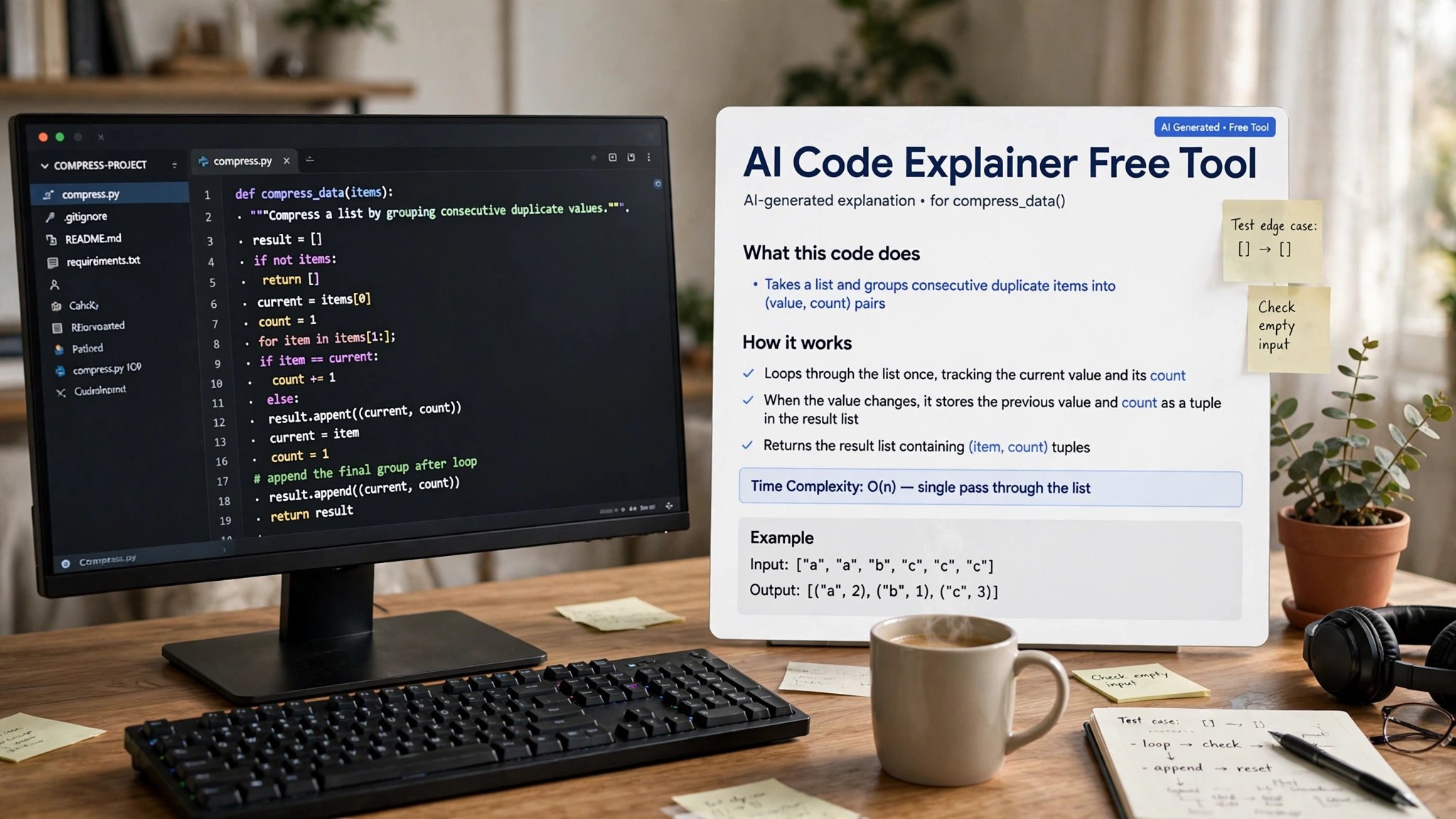 AI code explainer free tool — developer workspace with code and AI explanation panel