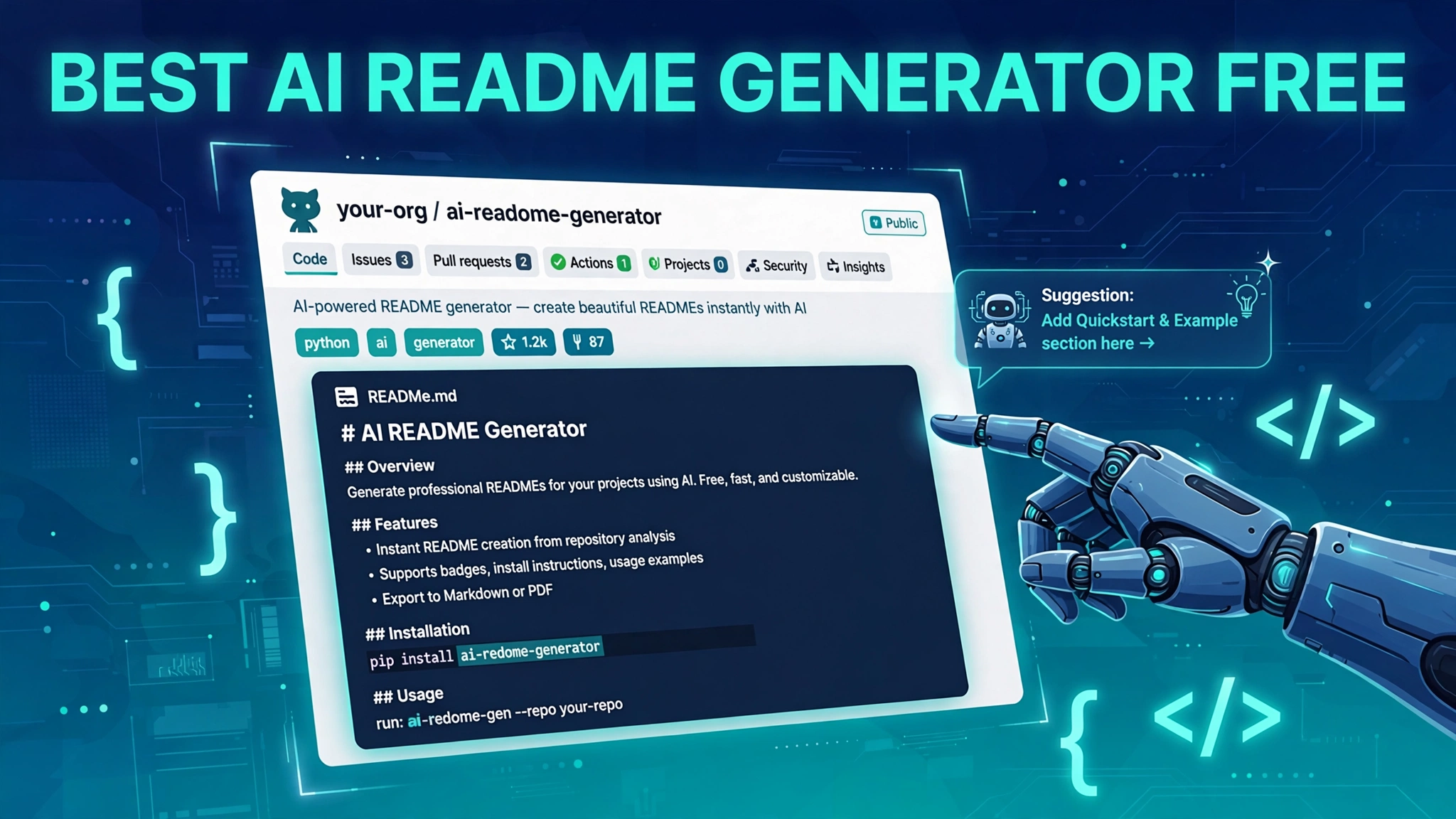 Illustration for the best AI README generator free roundup, showing a README file being built automatically.