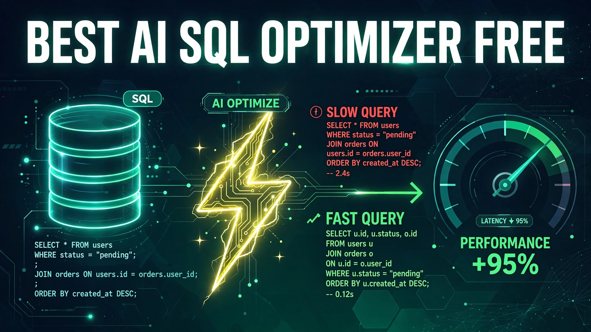 Illustration for the best AI SQL optimizer free roundup, showing a slow SQL query being tuned for speed.