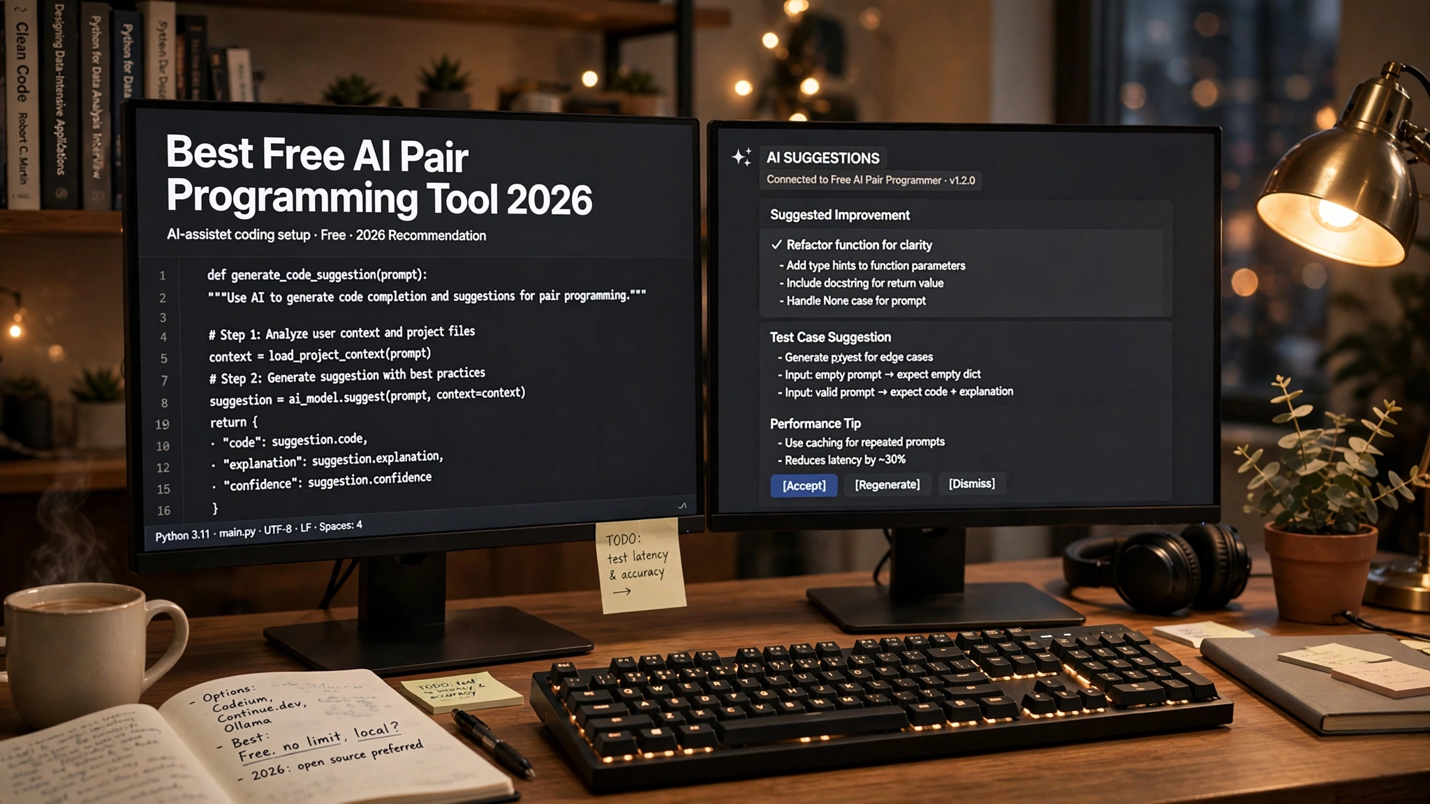 best free AI pair programming tool 2026 — developer desk with dual monitors showing code and AI suggestions
