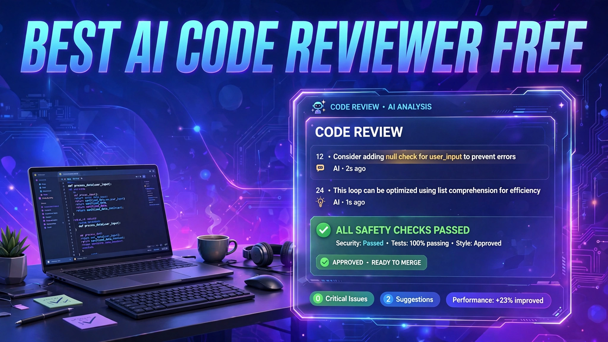 Illustration of an AI code review panel with inline comments — Best AI Code Reviewer Free
