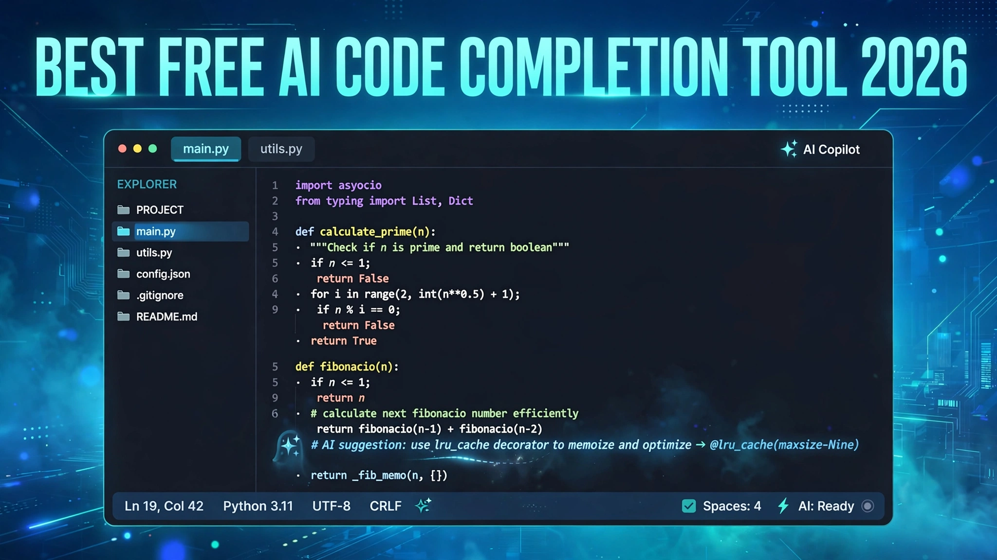 Illustration of an AI code editor with autocomplete ghost text — Best Free AI Code Completion Tool 2026